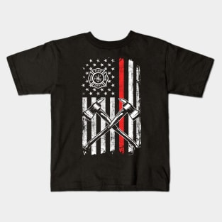 Firefighter T-Shirt Thin Red Line Firefighter American USA Flag Fireman Gift Kids T-Shirt